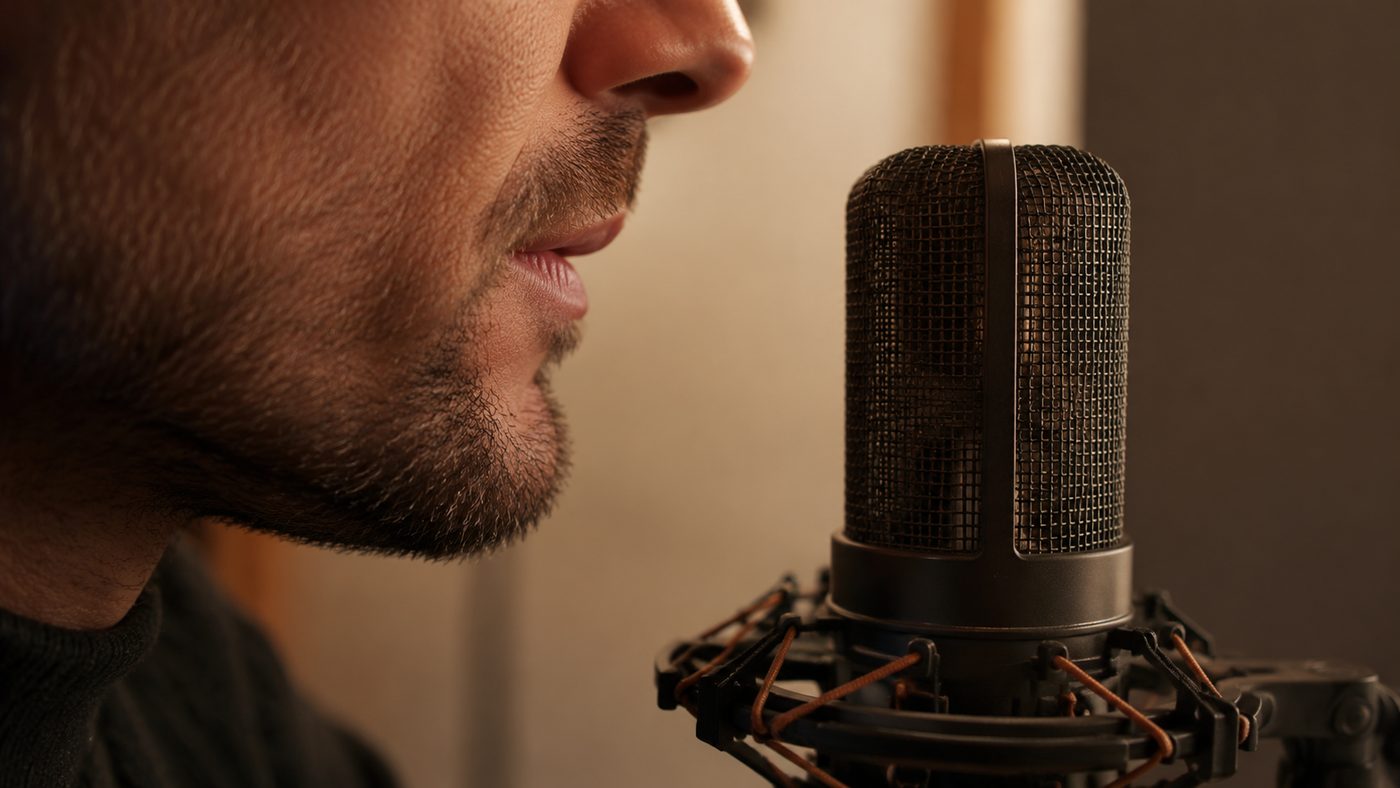 Close-up of a voice at a studio microphone