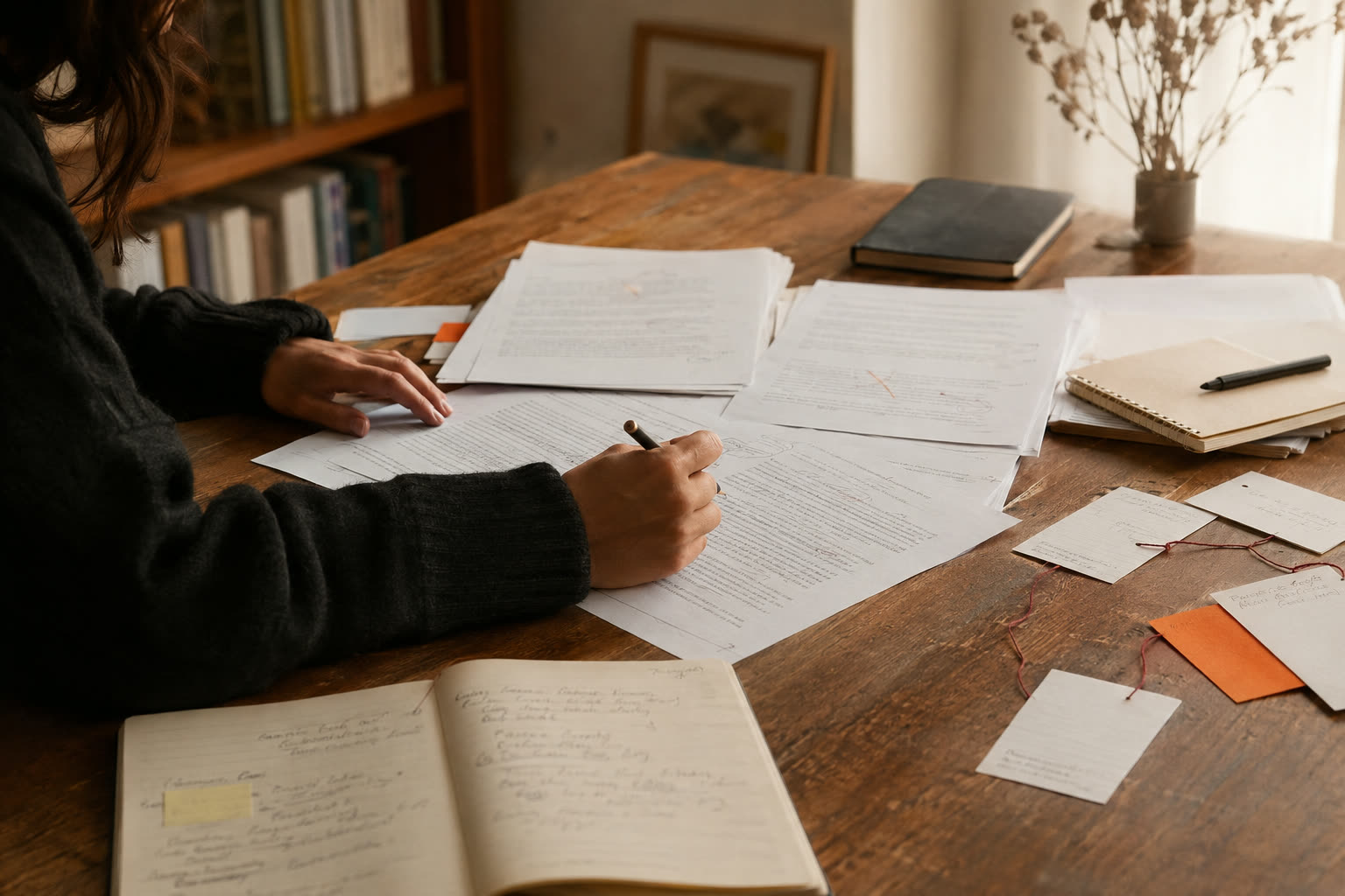 Author revising a manuscript with handwritten notes and character cards.