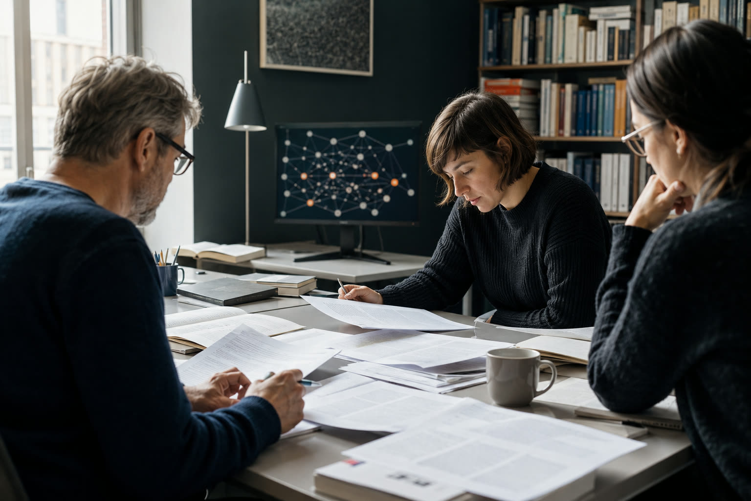 An editorial team reviews manuscript pages and connections in a book project together.